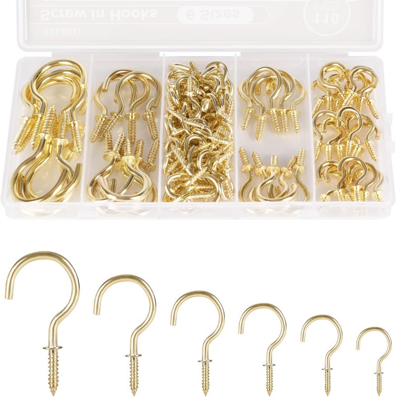RELBRO Screw Hooks, 6 Sizes Metal Screw in Cup Hooks, 1/2 Inch, 5/8 Inch, 3/4 Inch, 7/8 Inch, 1 Inch, 1-1/4 Inch, Gold, 110 Pcs - Image 1